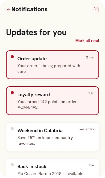Calabria Market notification center screen